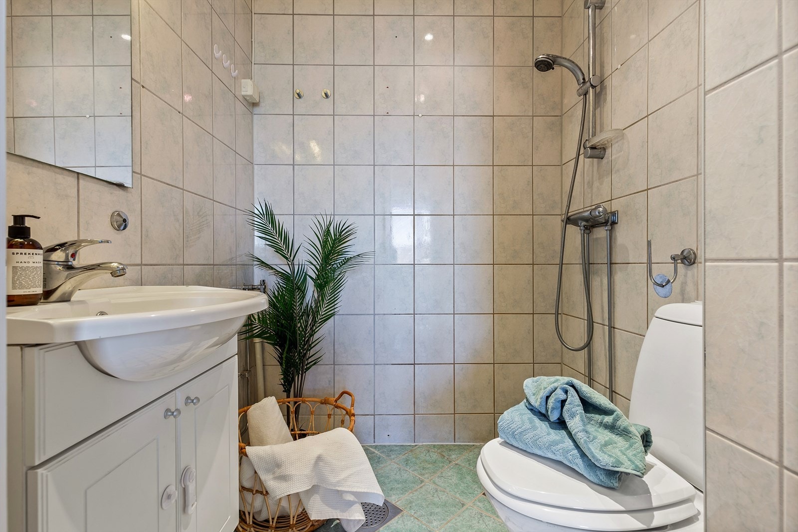 Servant med underskap, toalett, dusjhjørne og opplegg til vaskemaskin. Galleribilde