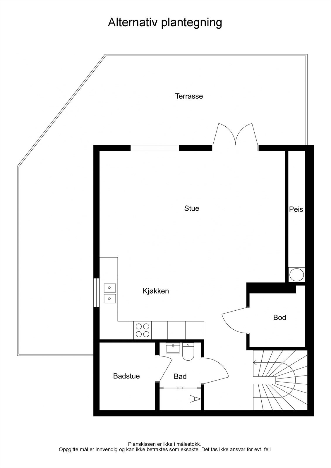 Alternativ planløsning med kjøkken i U2 med mulig utleie av deler av egen bolig. Selgere hadde tidligere ekstra kjøkken her. Galleribilde