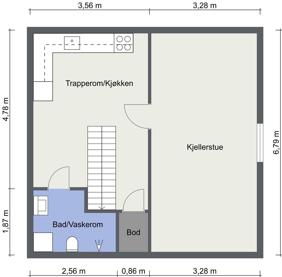 Plantegning underetasje: Trapperom/kjøkken, bad/vaskerom, kjellerstue Galleribilde