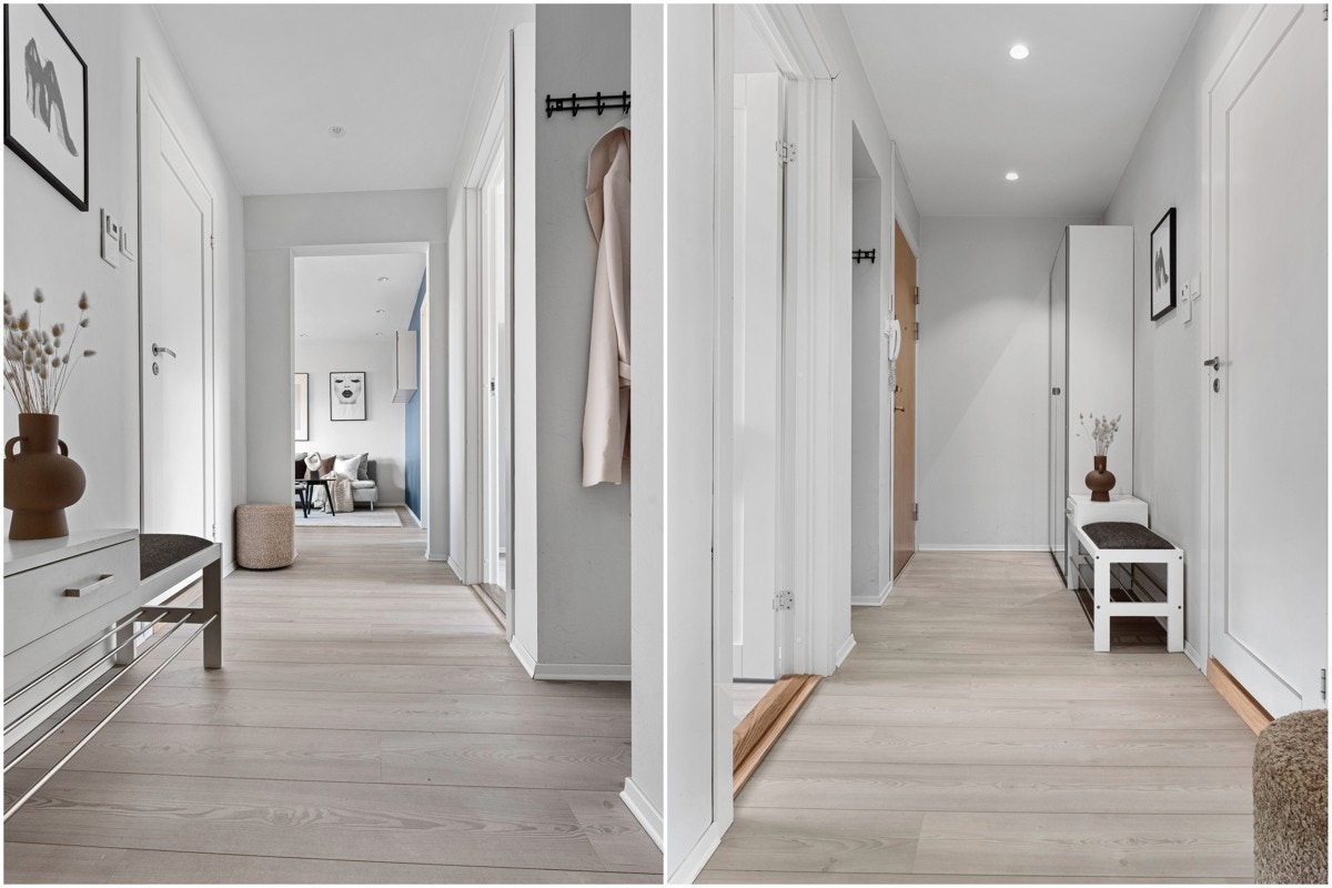 Du har naturlig plass til en kommode/skohylle og rikelig med plass til knagger for å henge av deg yttertøy. Galleribilde