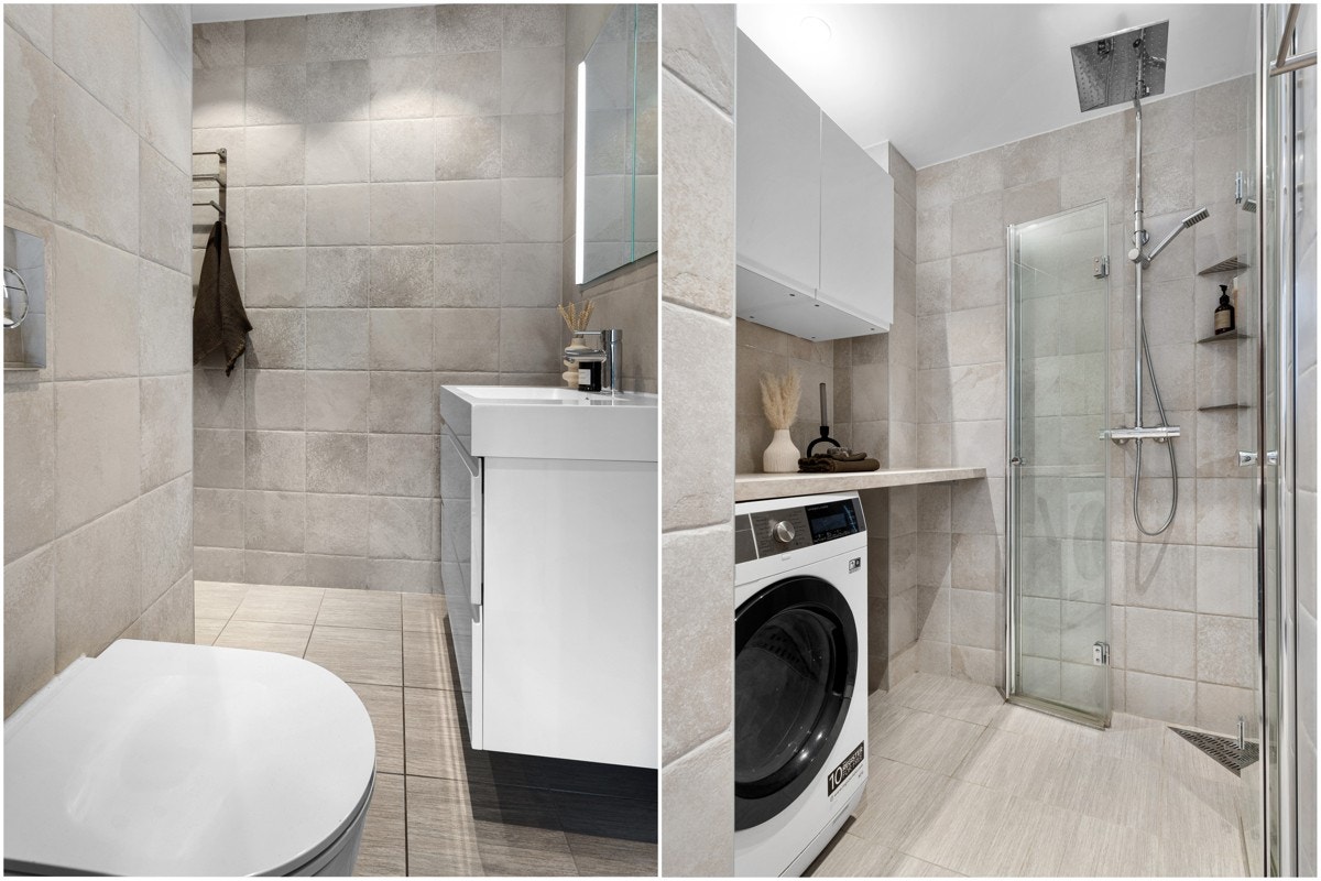 Delikat og flislagt baderom med deilig gulvvarme. Totalrehabilitert og utvidet i 2017 med bl. a. ny innredning, ny membran, elektrisk stoppekran, fliser m.m. Galleribilde