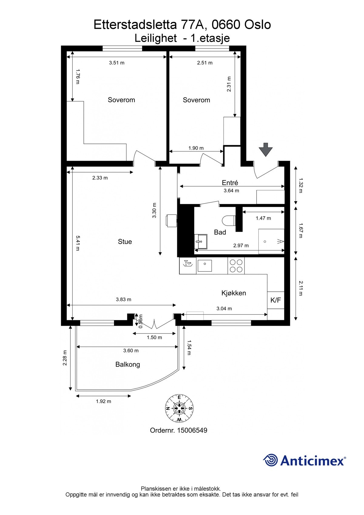 Plantegning i 2D med mål og kompass. Galleribilde
