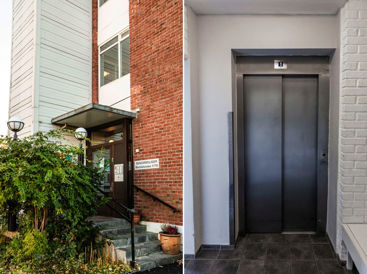 Hyggelig felles inngangsparti, med rullestolvennlig rampe og heis som tar deg direkte opp i 5. etasje Galleribilde
