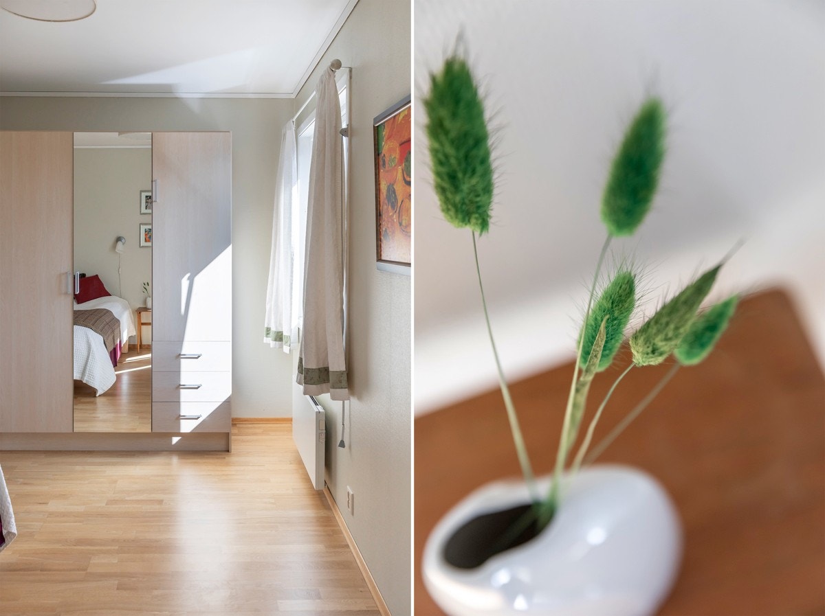 Det er god plass til seng og nattbord, og det er godt med oppbevaringsplass i garderobeskap. Galleribilde