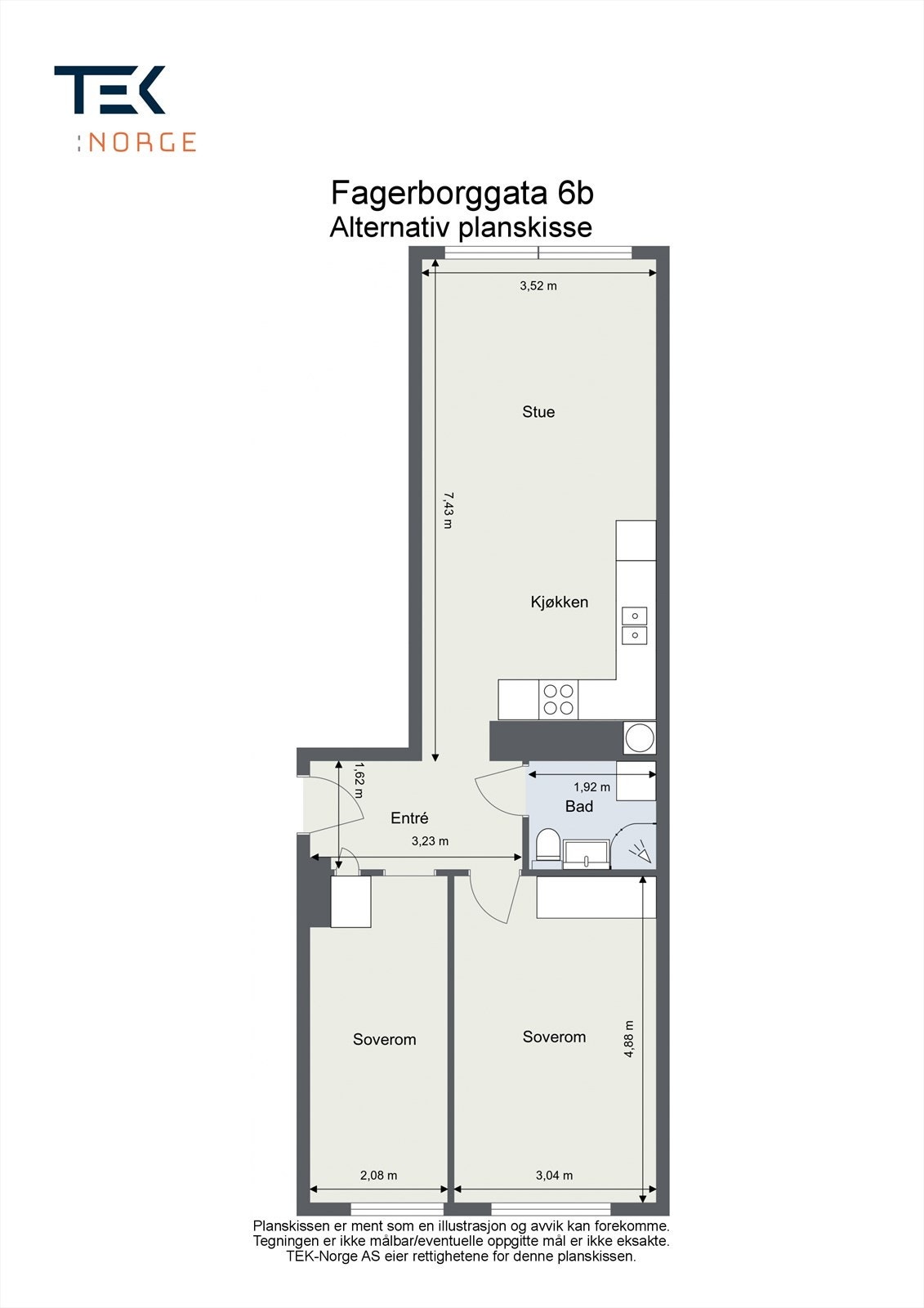 Alternativ planskisse hvor kjøkken er flyttet ut i stue. Flere seksjonseiere i sameiet har flyttet kjøkkenet ut i stuen, slik vist på tegningen. Galleribilde