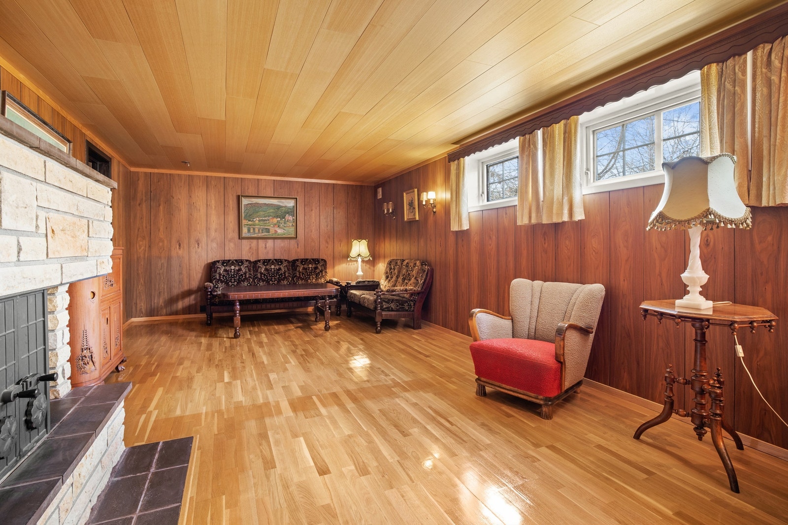 Stor kjellerstue som kan fungere utmerket som en ungdomshule, lekerom, bibliotek, hjemmekino/TV-stue, eller kanskje et musikkrom Galleribilde