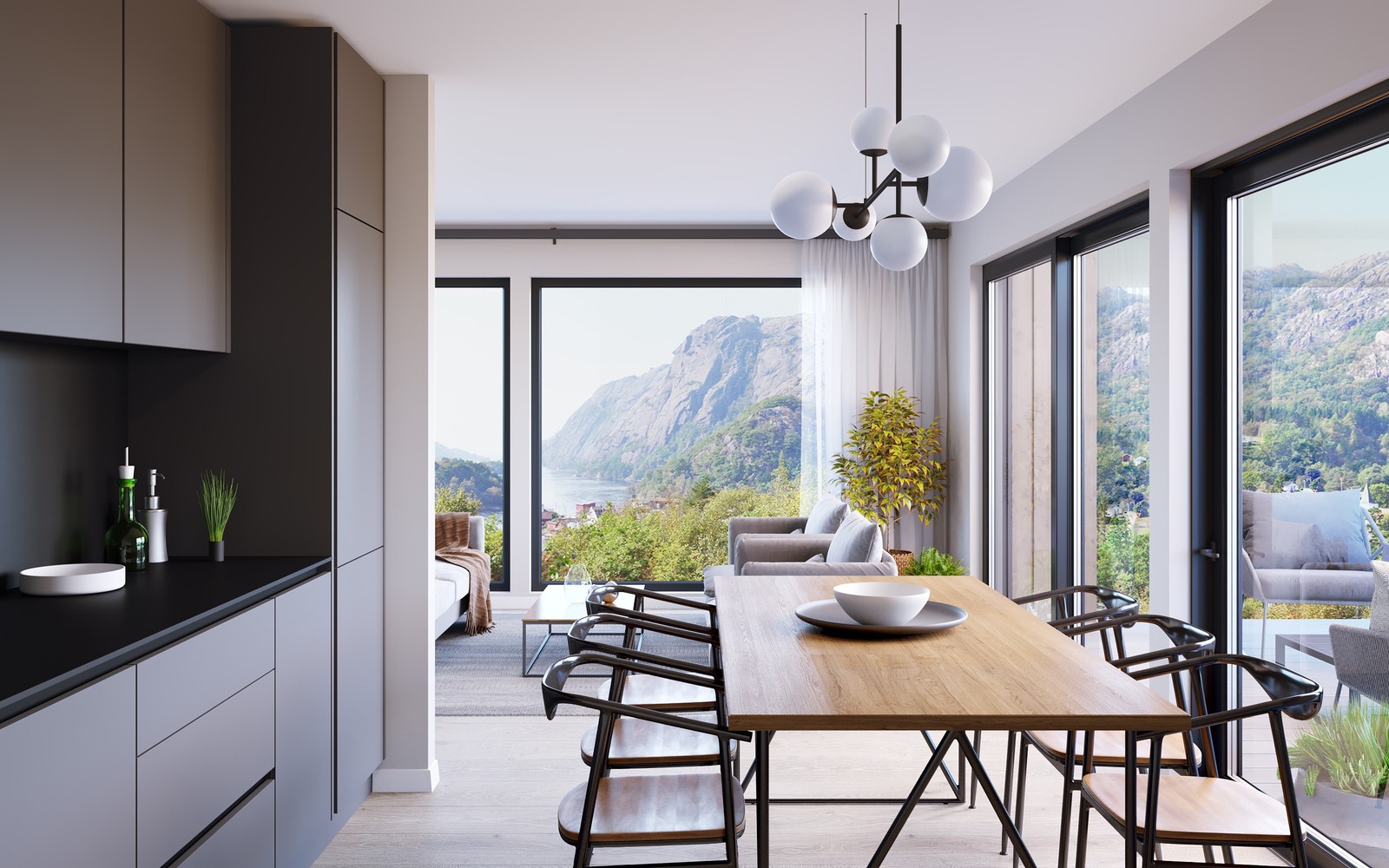 Illustrasjon av interiør og utsikt tomt 3. Illustrasjonen er tenkt plassering av bolig og kan avvike fra virkeligheten. Galleribilde