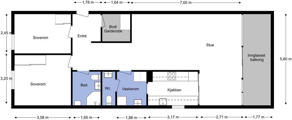 Tegningen er en illustrasjon. Megler/selger tar ikke ansvar for eventuelle avvik i forhold til boligens innredning. Galleribilde