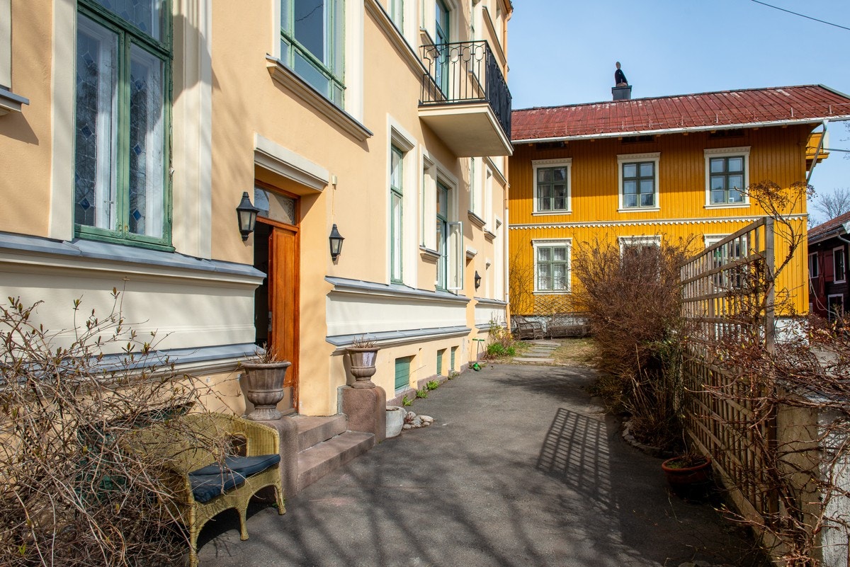 Hyggelig felles bakhage mot morgensolen. Galleribilde