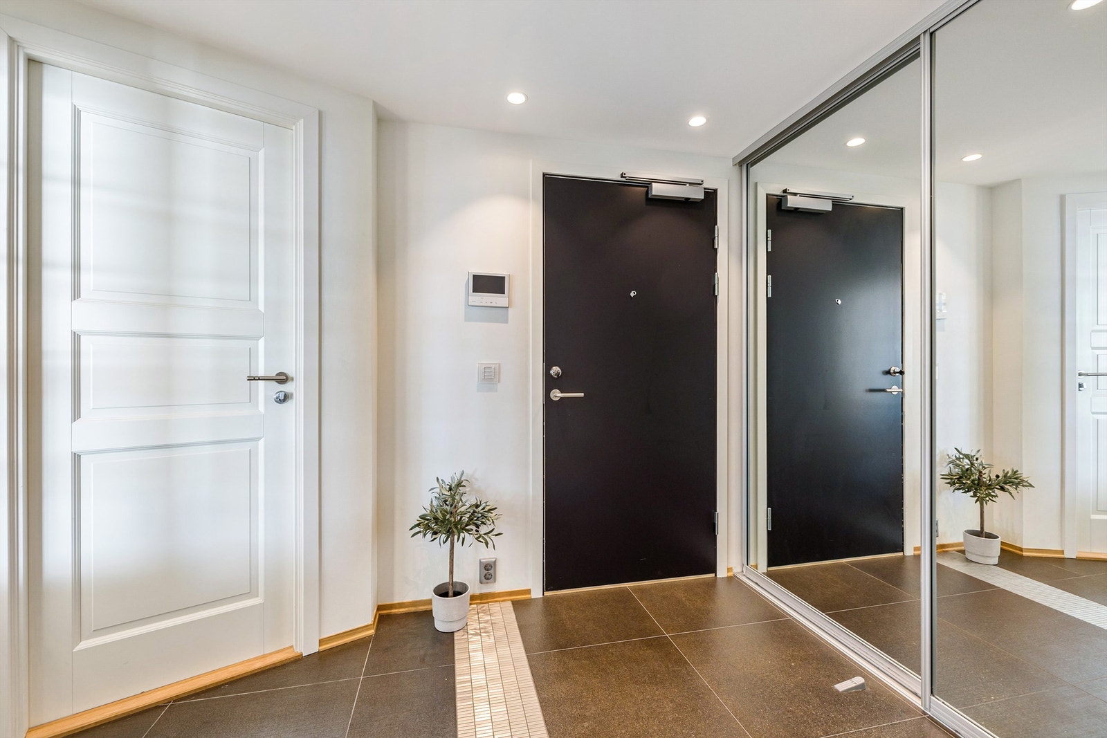 Stor hall med skyvedørsgarderobe og adkomst til bod og bad. Galleribilde