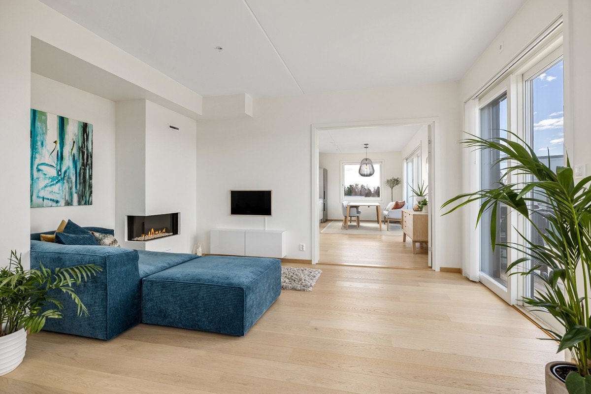 Egen sone i stue med gasspeis og TV-seksjon Galleribilde