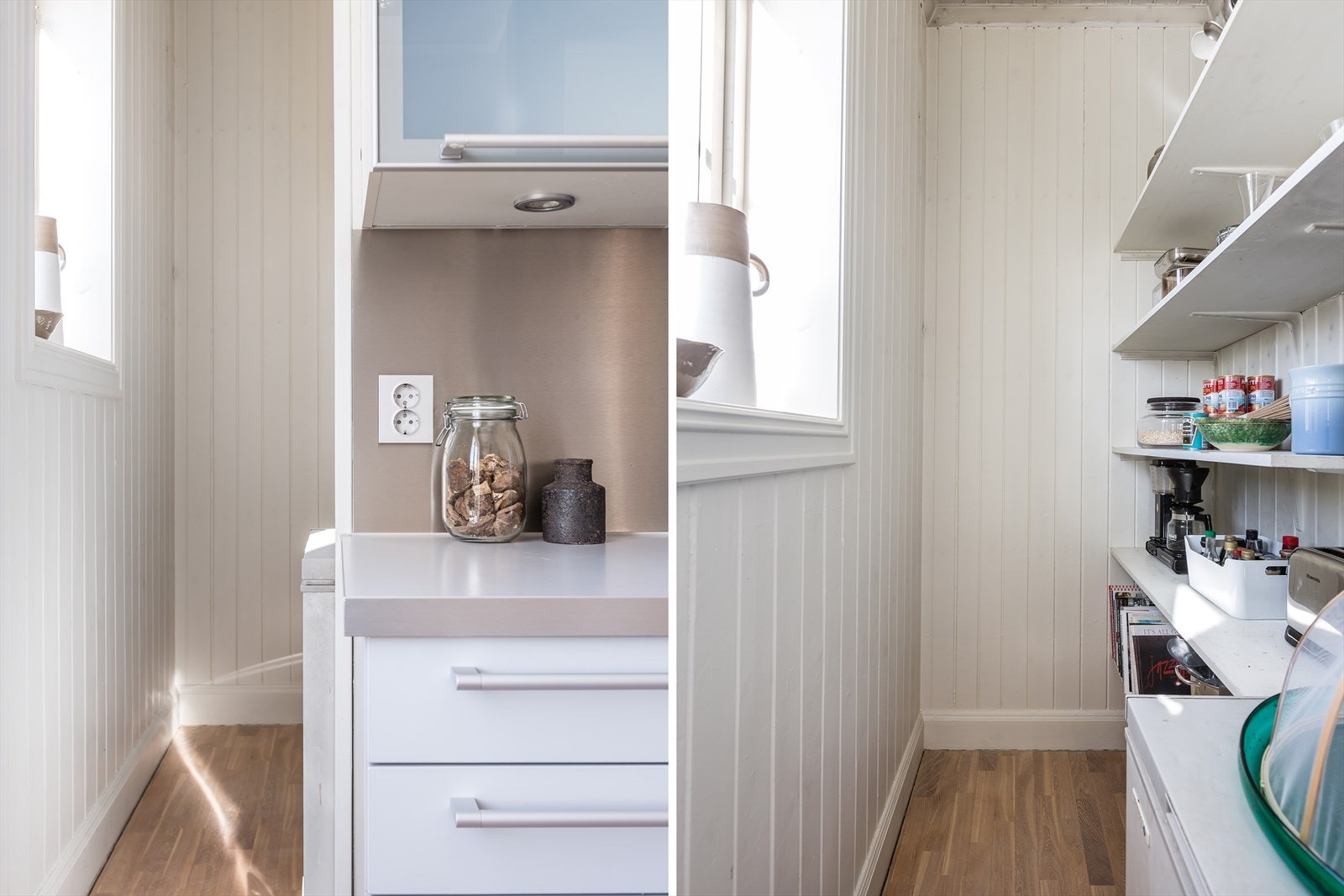 Lagringsmuligheter på kjøkken med en liten bod. Galleribilde