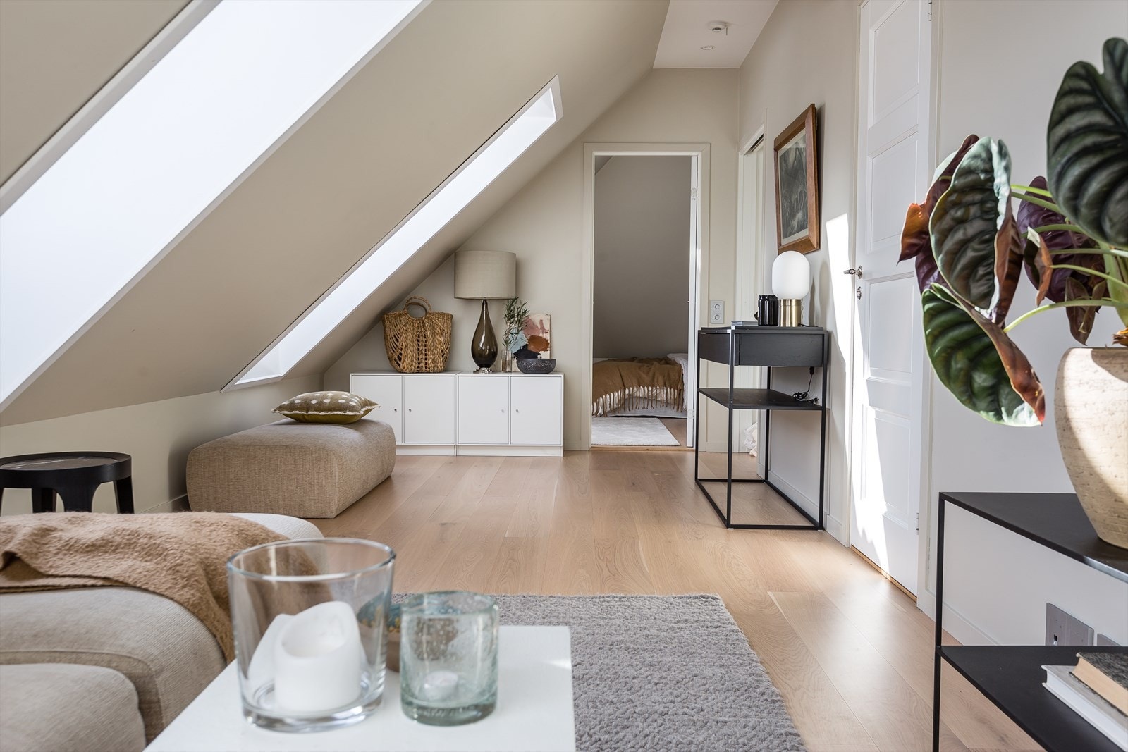 Takvinduene bidrar med daglys og utsyn mot himmel og trær. Galleribilde