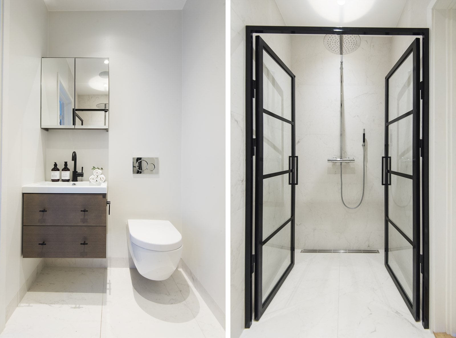 Hovedbad med innredning med heldekkende servant fra Ballingsløv og Tapwell blandebatteri, samt overskap med speil og stikk Galleribilde