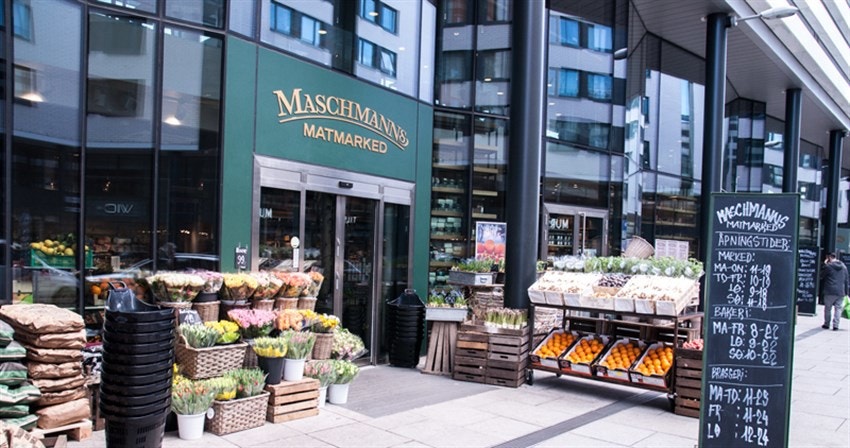 På Skøyen i Karenslyst Allé ligger populære Maschmanns, et eksklusivt matmarked som selger kjøtt, fisk, ost, vin, grønt og Pizza. Galleribilde