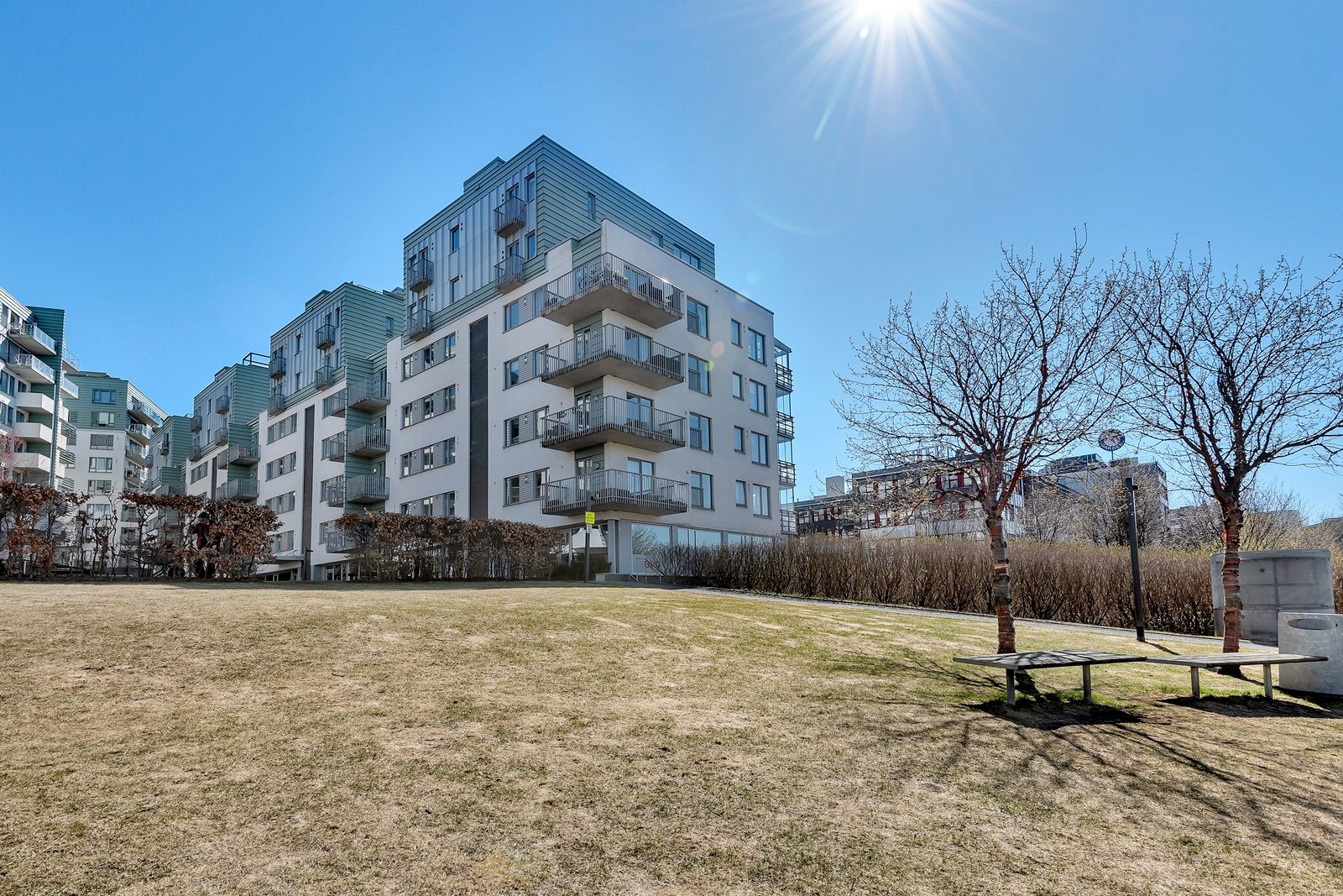 Tomten består av hellebelagte gangveier, plen, blomsterbed, prydbusker, lekeapparat, sittegrupper og sykkelstativ. Dette er en grønn oase midt i byen som gir en herlig hagefølelse! Galleribilde