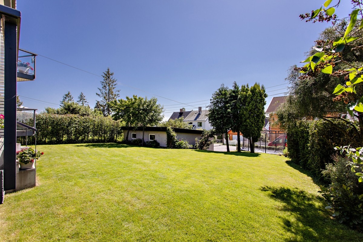 Pent opparbeidet hage med gressplen og beplantning Galleribilde