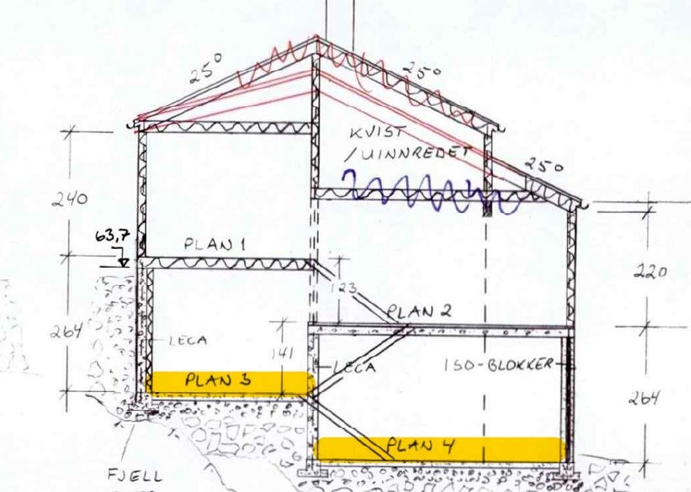 Snitt av bygget (sokkelleilighet markert med gult) Galleribilde