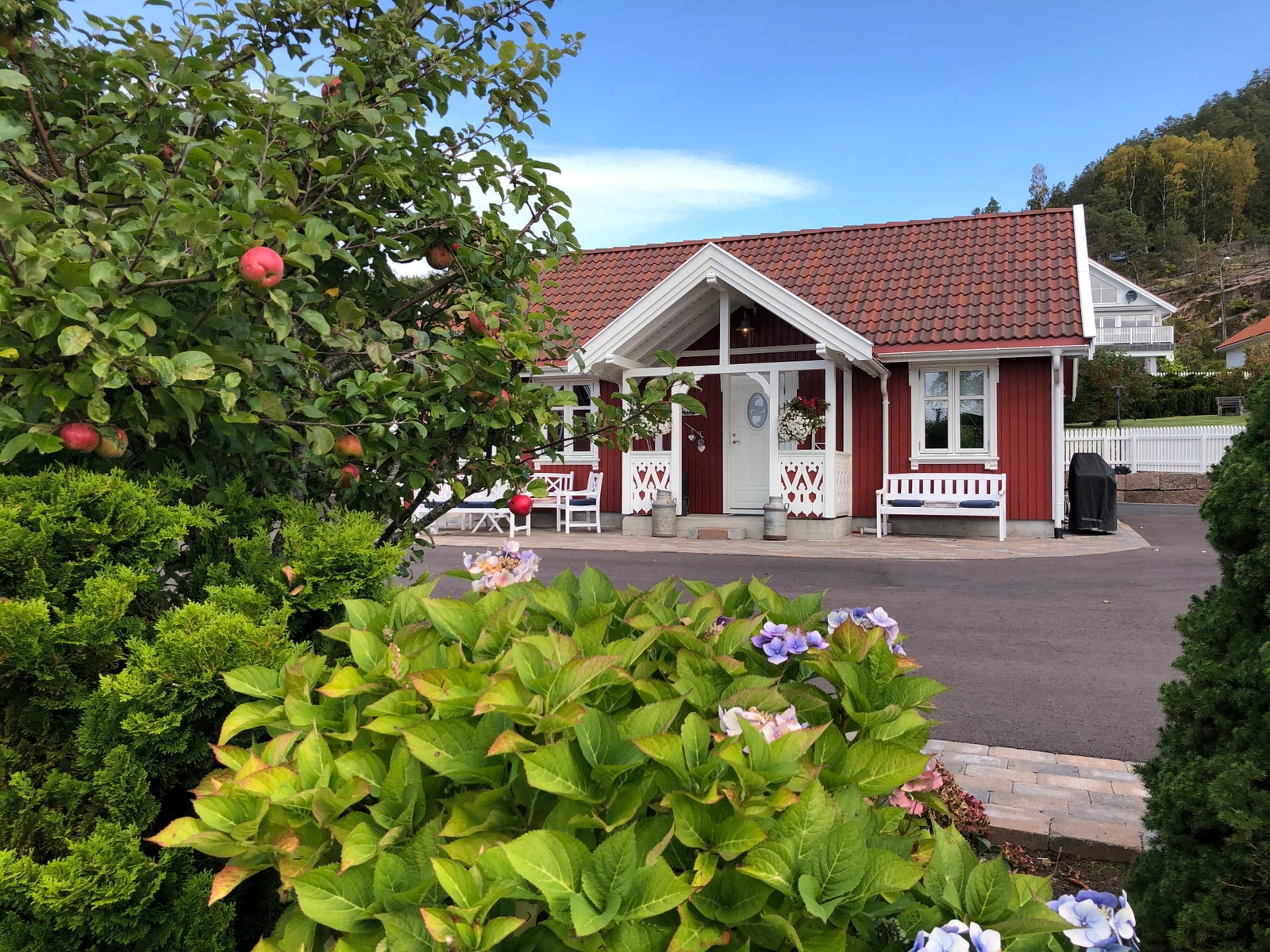 Det lille røde huset, med noe få trappetrinn ned til stranden Galleribilde