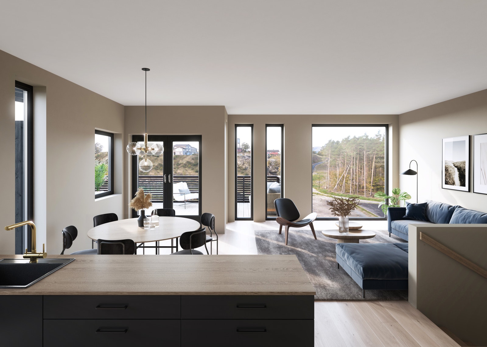 Takhøyde på hele 2,8 meter og vinduer på 2,6 meter gir fantastisk romfølelse i stuen Galleribilde