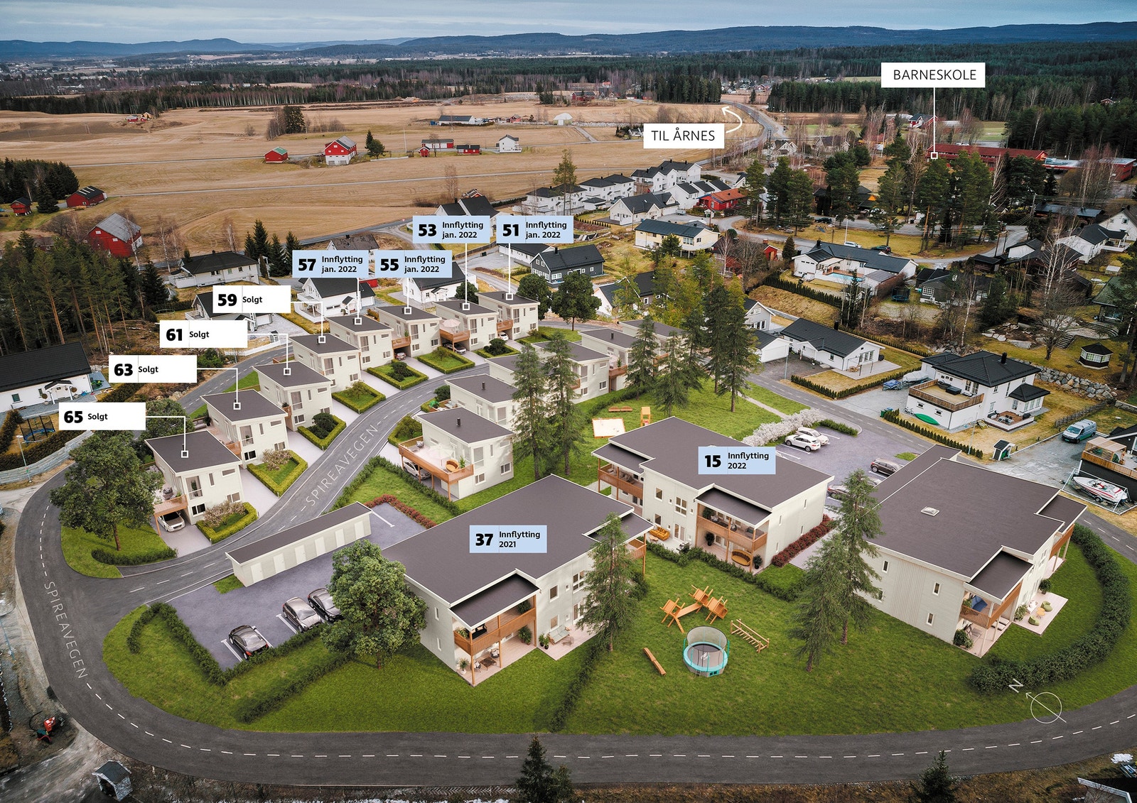 Oversiktsbilde 14 eneboliger og 18 leiligheter, samlet 12 enheter er solgt Galleribilde