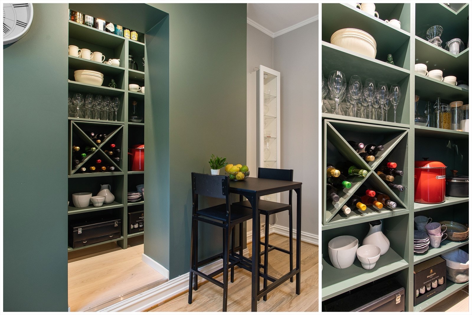 I tilknytning til kjøkkenet er det innredet til et meget praktisk spisskammers. Eier fikk i 2019 bygget inn hyller med vinstativ. Galleribilde