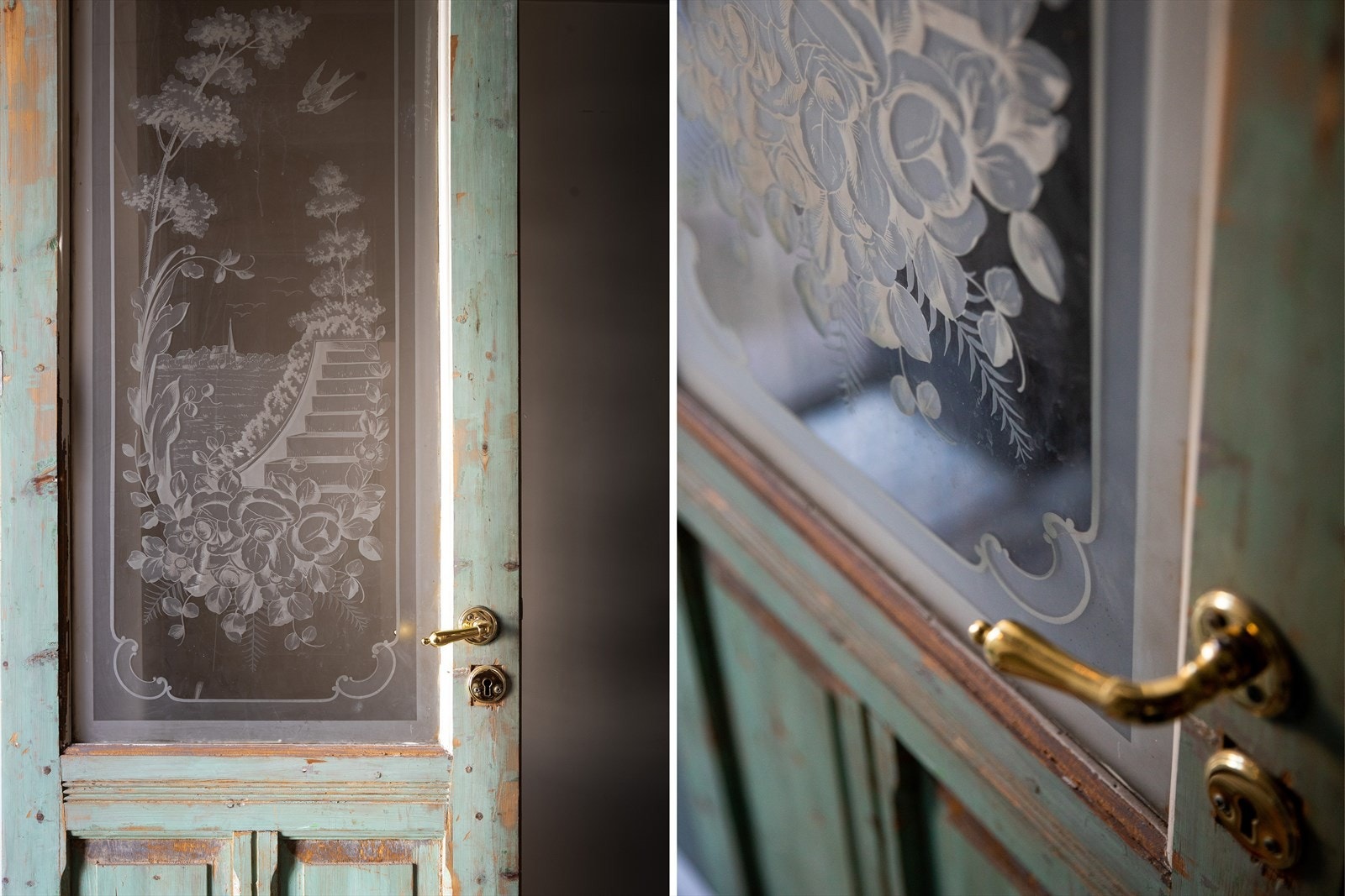 Vakre dobbeltdører mellom vindfang og hall med sandblåste glassmotiver. Galleribilde