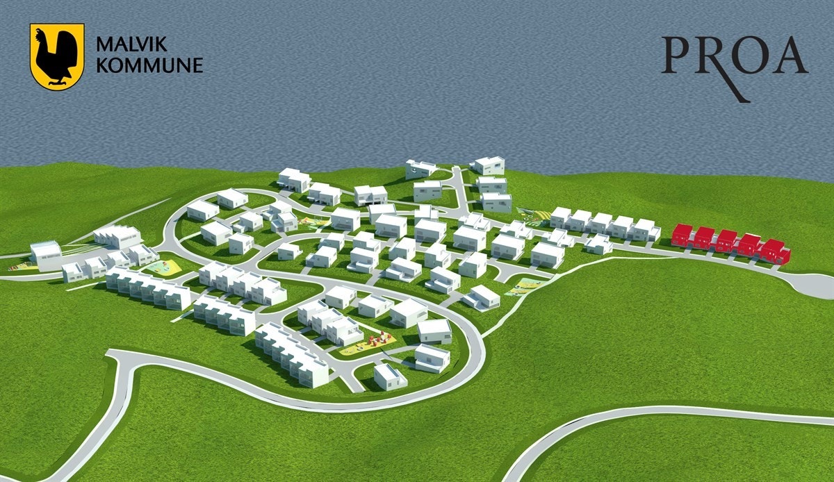 Proaktiv Eiendomsmegling - Kommunen vil stå for opparbeidelse av området med bla. lekeplasser og renovasjon. Dette gjør at det ikke følger noen rekkefølgekrav for utbygger for å få bygge. Aktuelle tomt er markert i rødt. Galleribilde