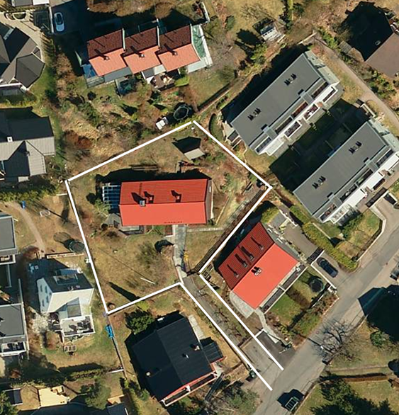 Oversiktsbilde over tomt. Markeringene av eiendommen kun er for illustrasjon og ikke nøyaktig. For arealbekreftelse med kart - kontakt megler! Galleribilde