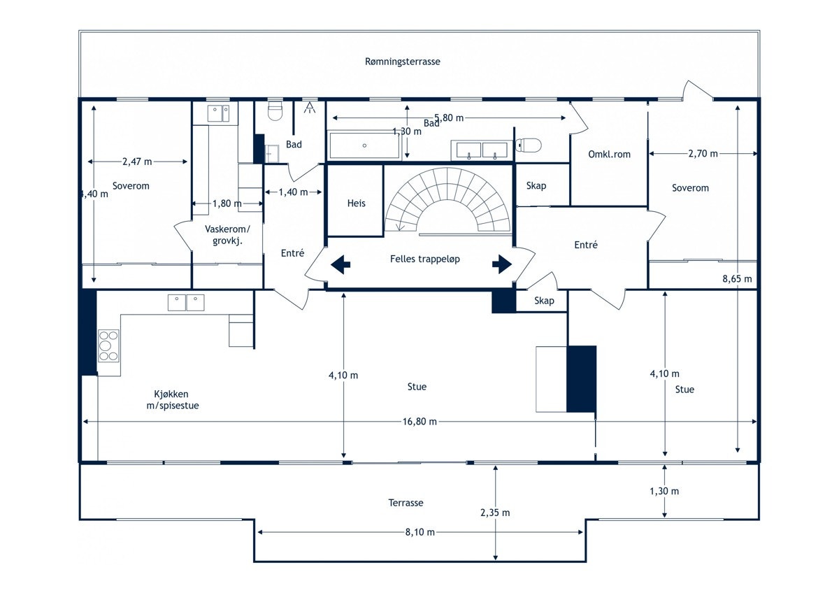 Alternaltiv plantegning der man har tatt en del av hallen til walk in closet mellom bad og hovedsoverom Galleribilde
