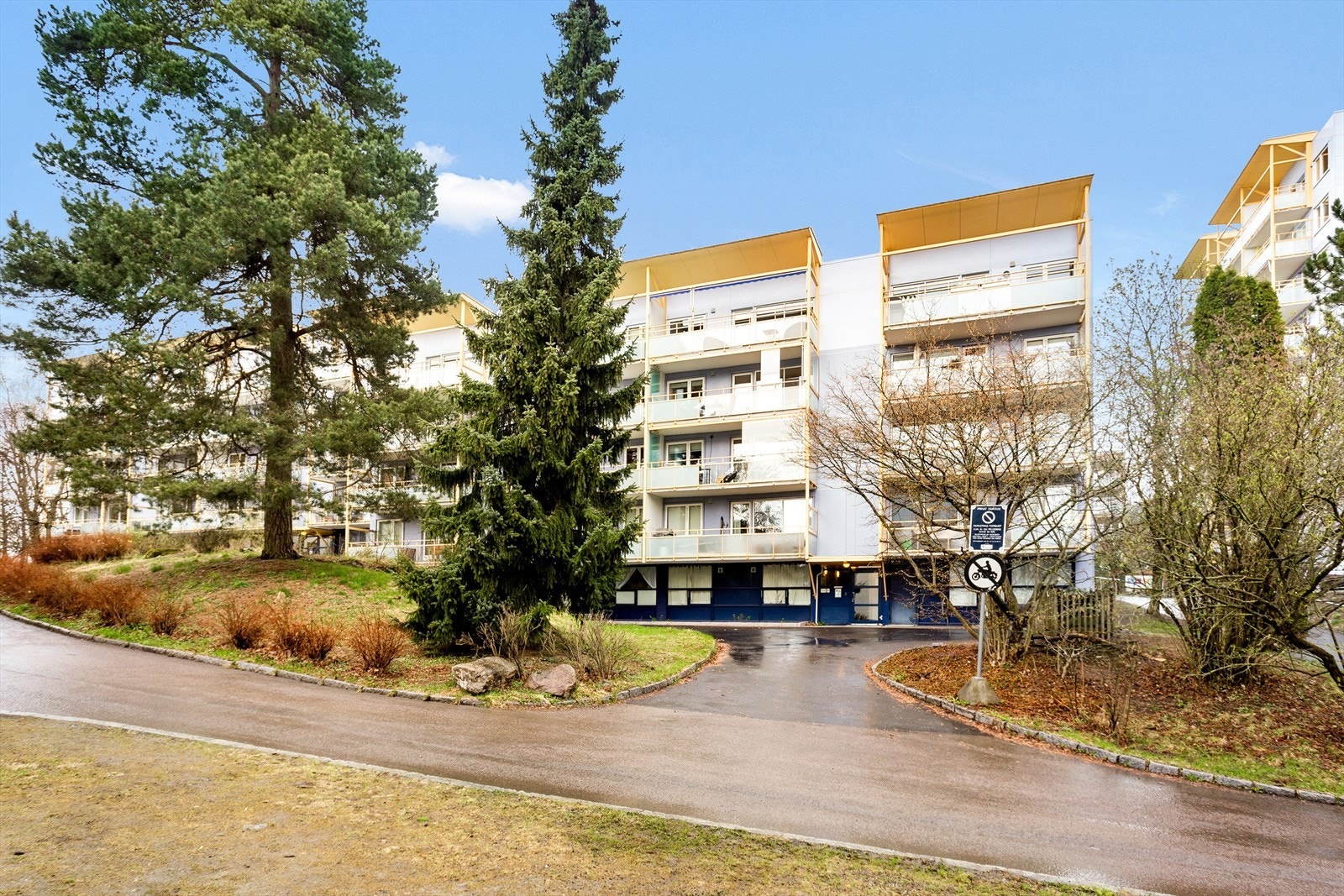 Fasade og asfalterte internveier omkranset av plen, bed og trær Galleribilde