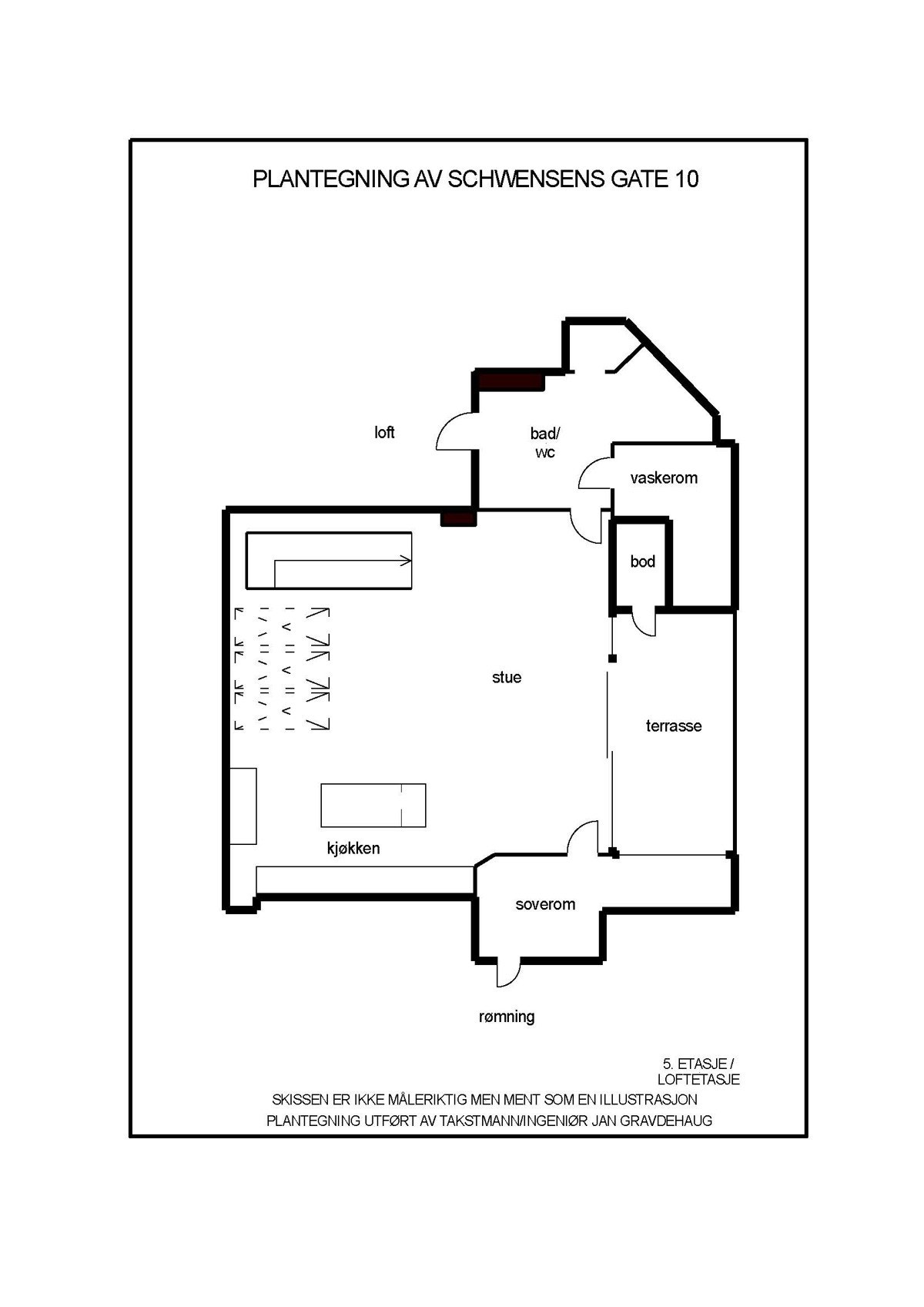 5. etasje/loftetasje: Stue/kjøkken, soverom, bad, vaskerom og hems. Galleribilde