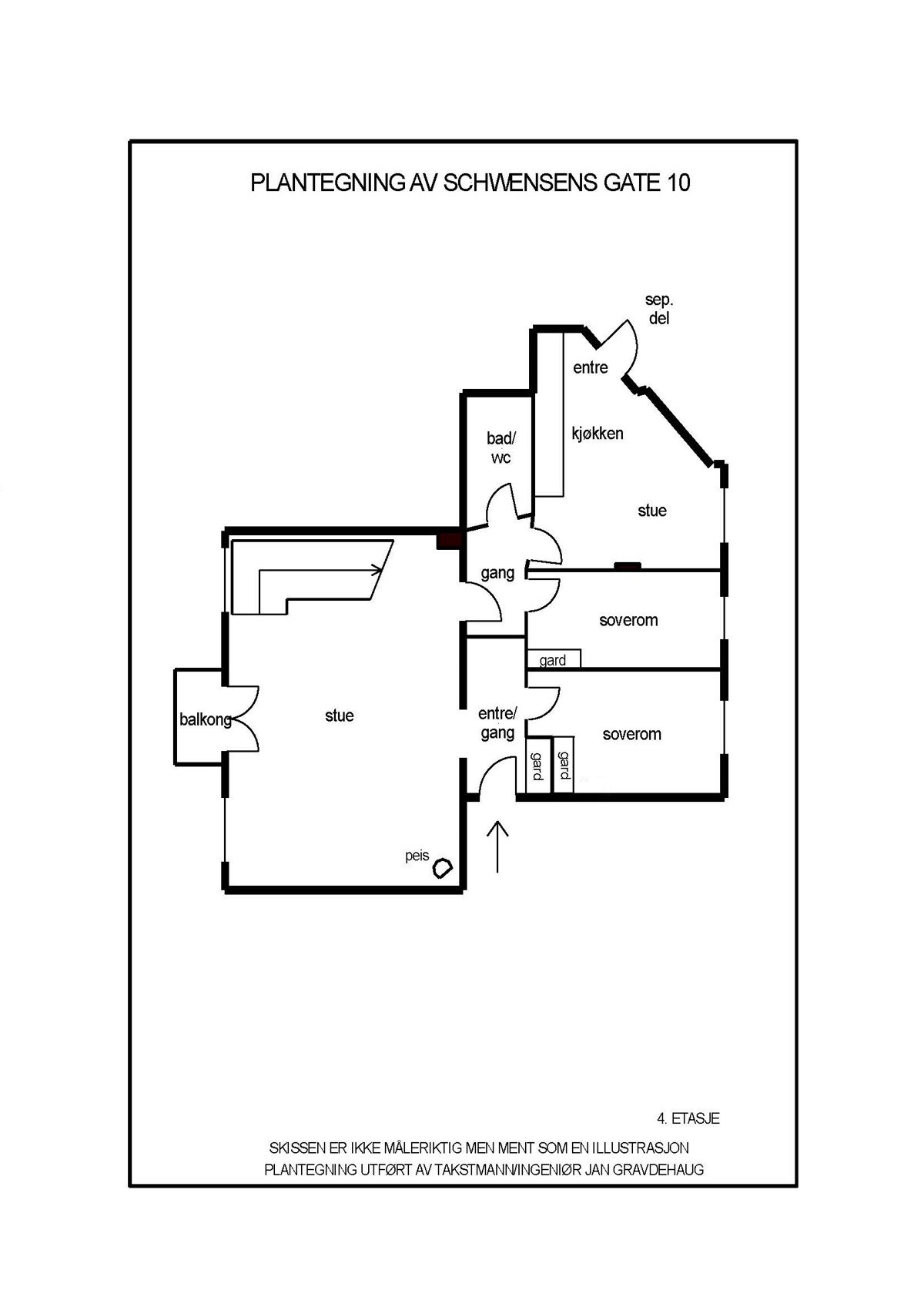 4. etasje, hovedleilighet: Entré, gang, soverom og stue. 4. etasje, praktikantdel: Entré/stue/kjøkken, bad og soverom. Galleribilde