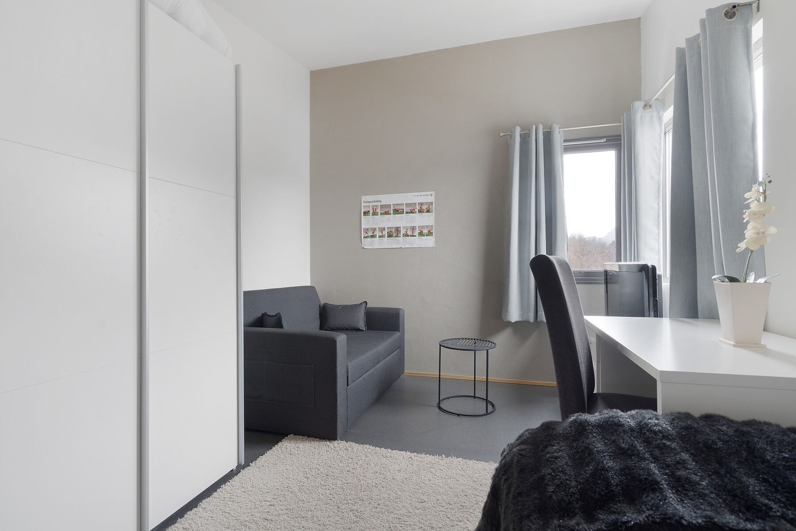 Soverommene har såpass størrelse at det er plass til seng, skrivebord og sofa Galleribilde