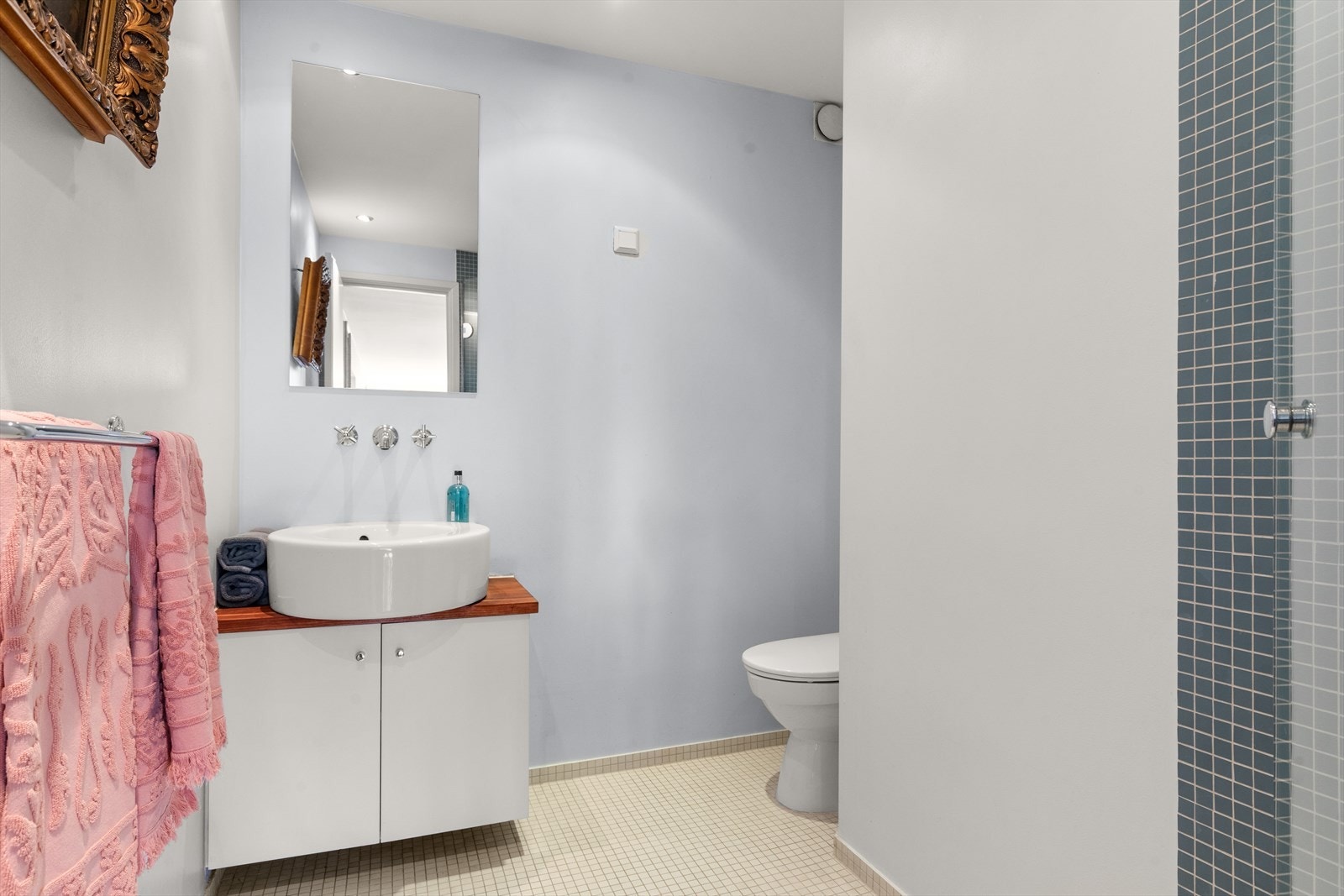 Det andre baderommet ligger i tilknytning entré/kjøkken og er flislagt på gulv med gulvvarme. Utstyrt med dusjhjørne med termostatbatteri og dusjvegg i herdet glass, gulvmontert toalett, helstøpt servant
med ett-greps bl.batteri og servantskap. Galleribilde