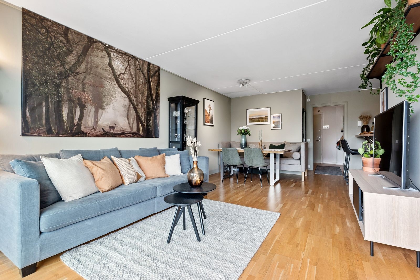 Det er god plass til sofaseksjon, tv-møblement og spisegruppe Galleribilde