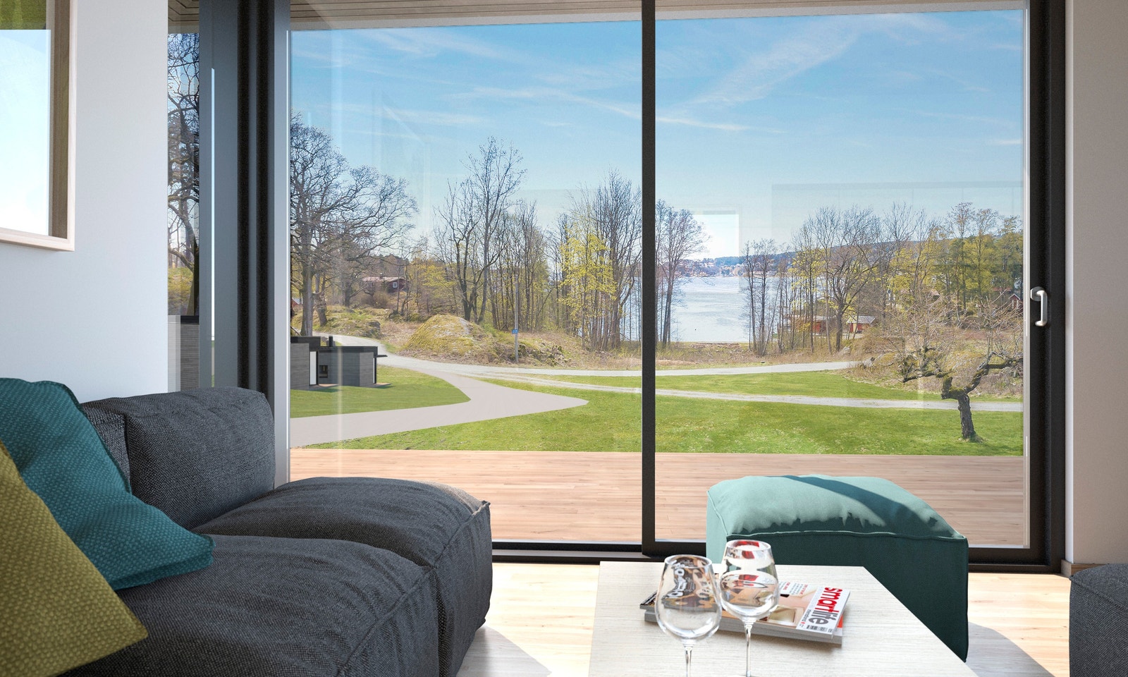 Utsikt mot sjøen fra stue i hytte på tomt 1 Galleribilde