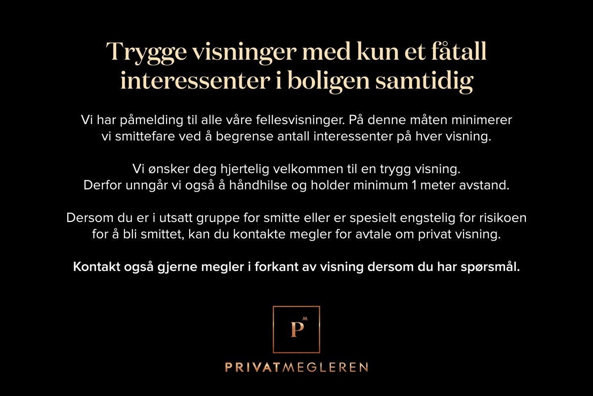 Privatmegleren Park er opptatt av å holde trygge visninger og tar covid-19 på høyeste alvor. Galleribilde