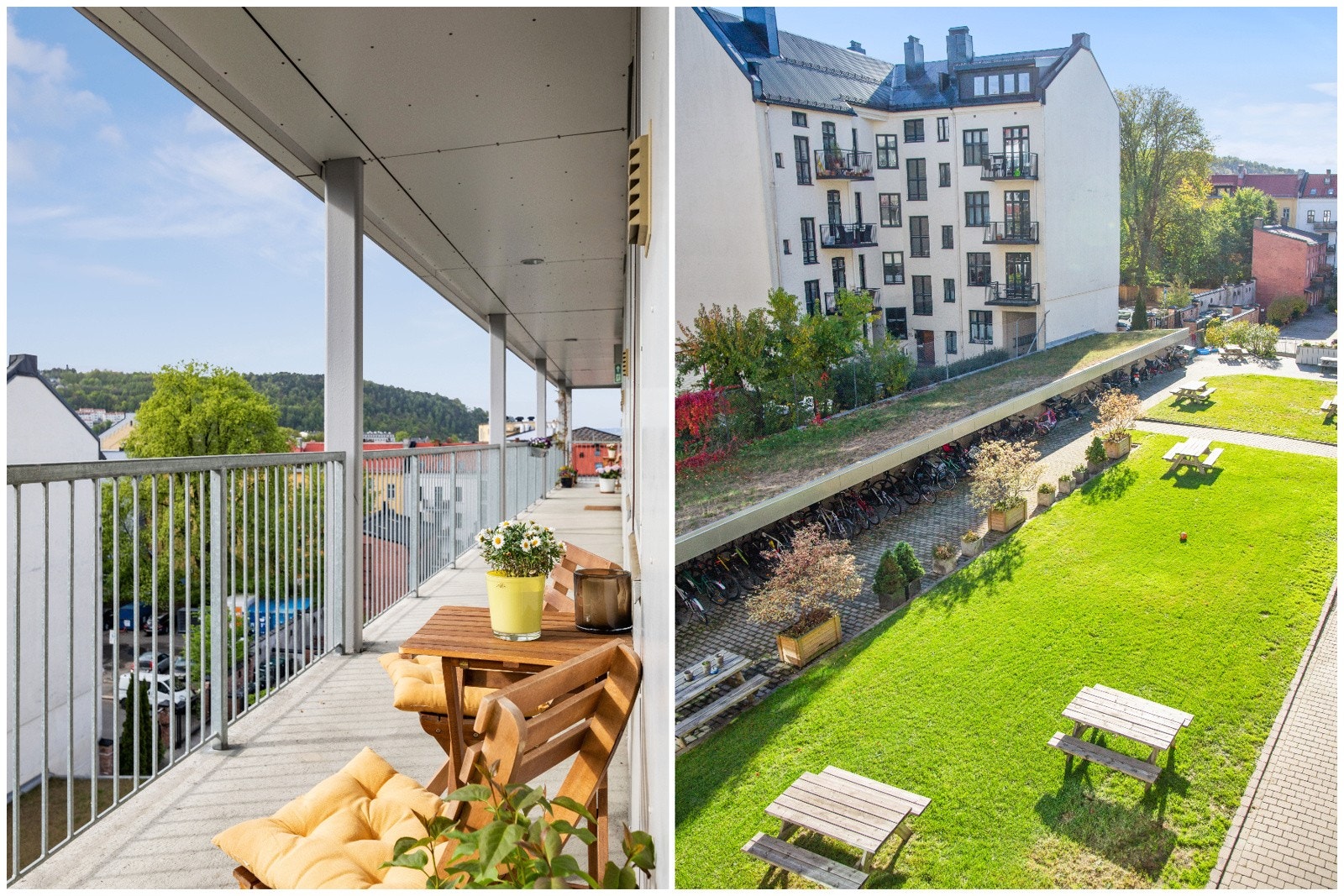 Heisen tar deg raskt opp til femte etasje. Du spaserer inn langs svalgangen og ønskes velkommen av en hyggelig uteplass ved inngangsdøren. Galleribilde
