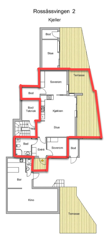 Planløsning av leiligheten med disponert areal (innfeldt i rødt) Galleribilde