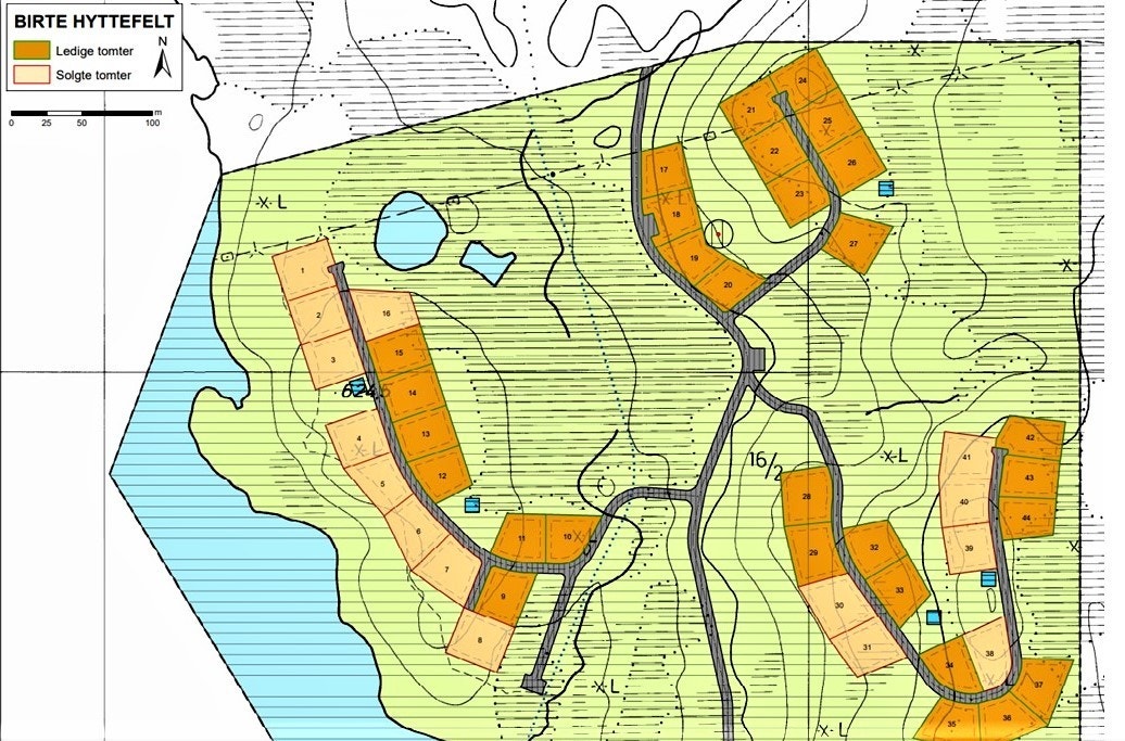 Ledige tomter i Birte hyttefelt, merkt med mørk farge Galleribilde