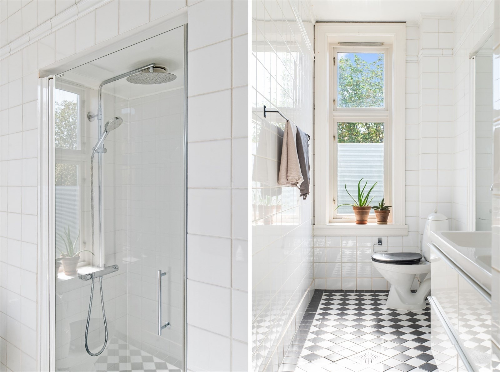 Lys baderom med dusjnisje. Badet er av eldre dato med ny membran og fliser på gulv Galleribilde