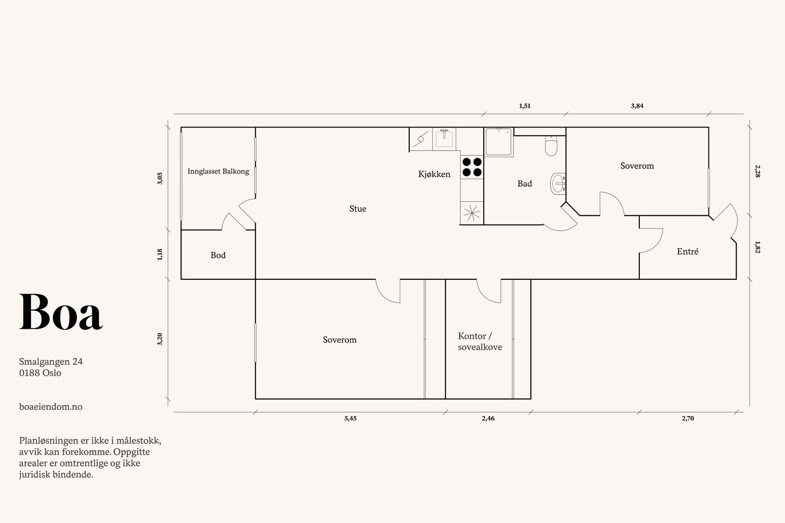 4. etasje: Entré/gang, bad, stue/spisestue, kjøkken, to soverom og kontor/sovealkove. Galleribilde