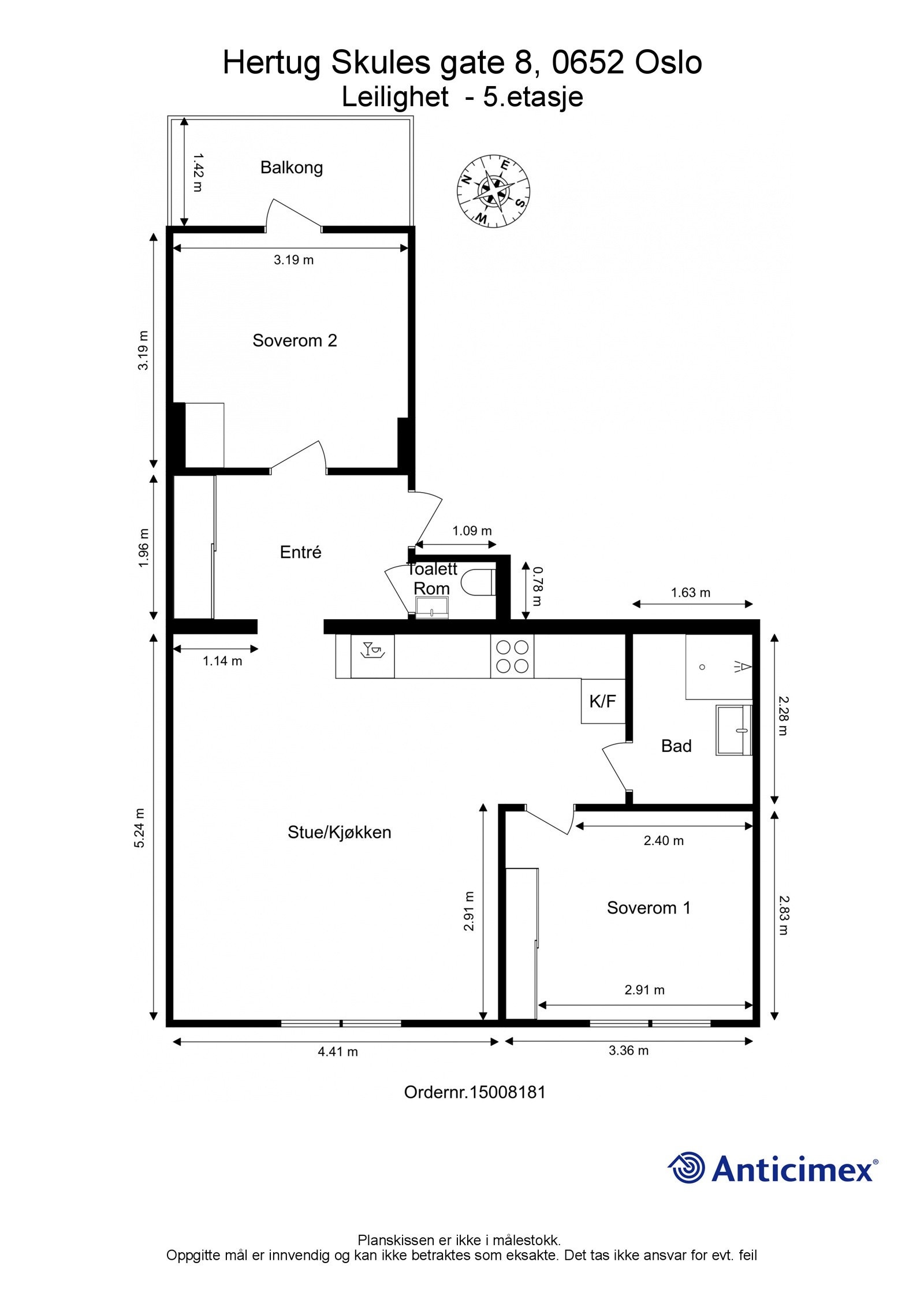 Plantegning med mål og kompass. Galleribilde