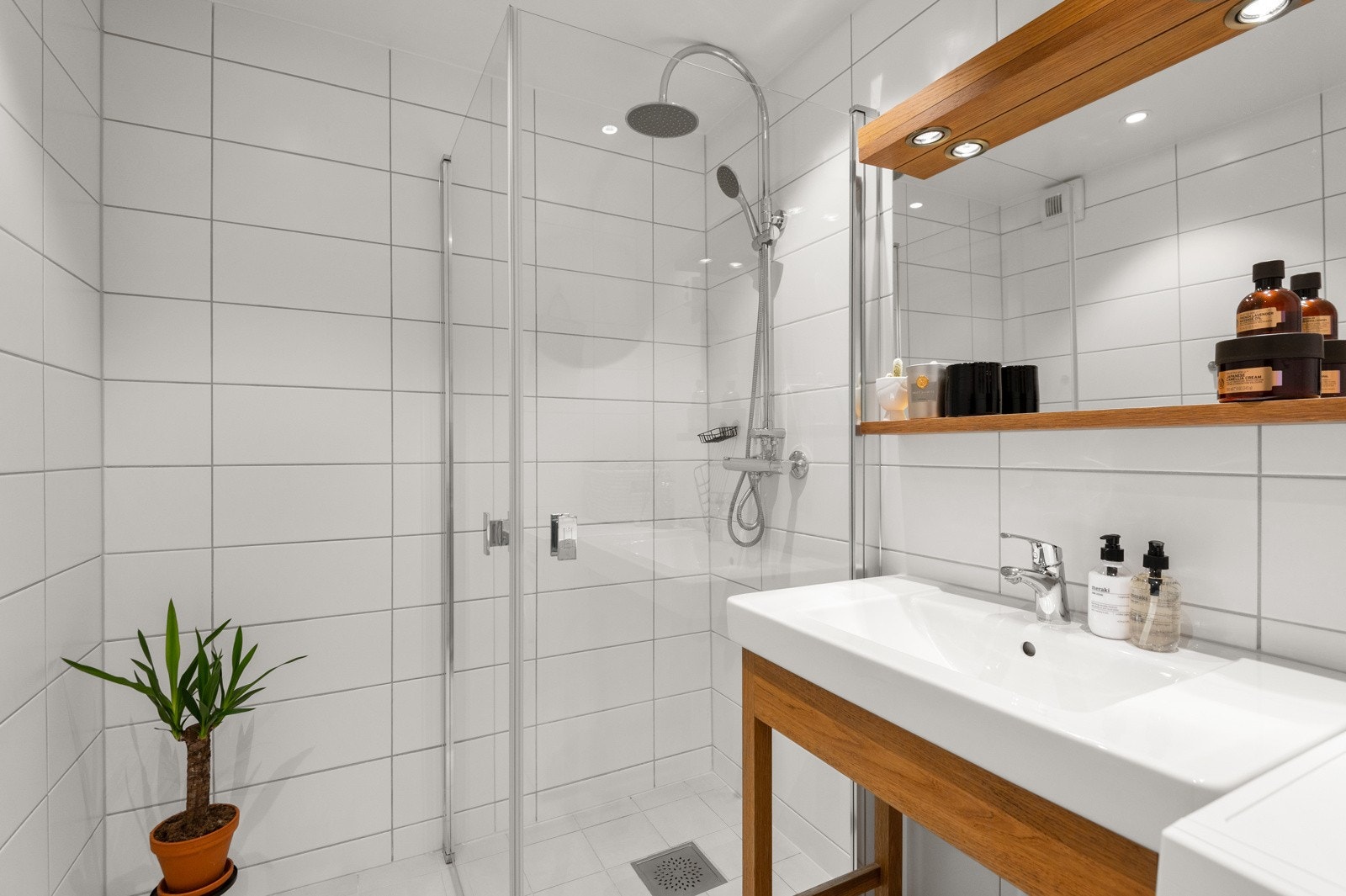 Dusjnisje med skjermende glassdører, samt hånddusj og regnfallsdusj. Galleribilde