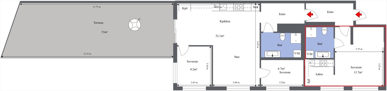 Alternativ planløsning med hybeldel i rødt (3- roms + 1-roms) Galleribilde