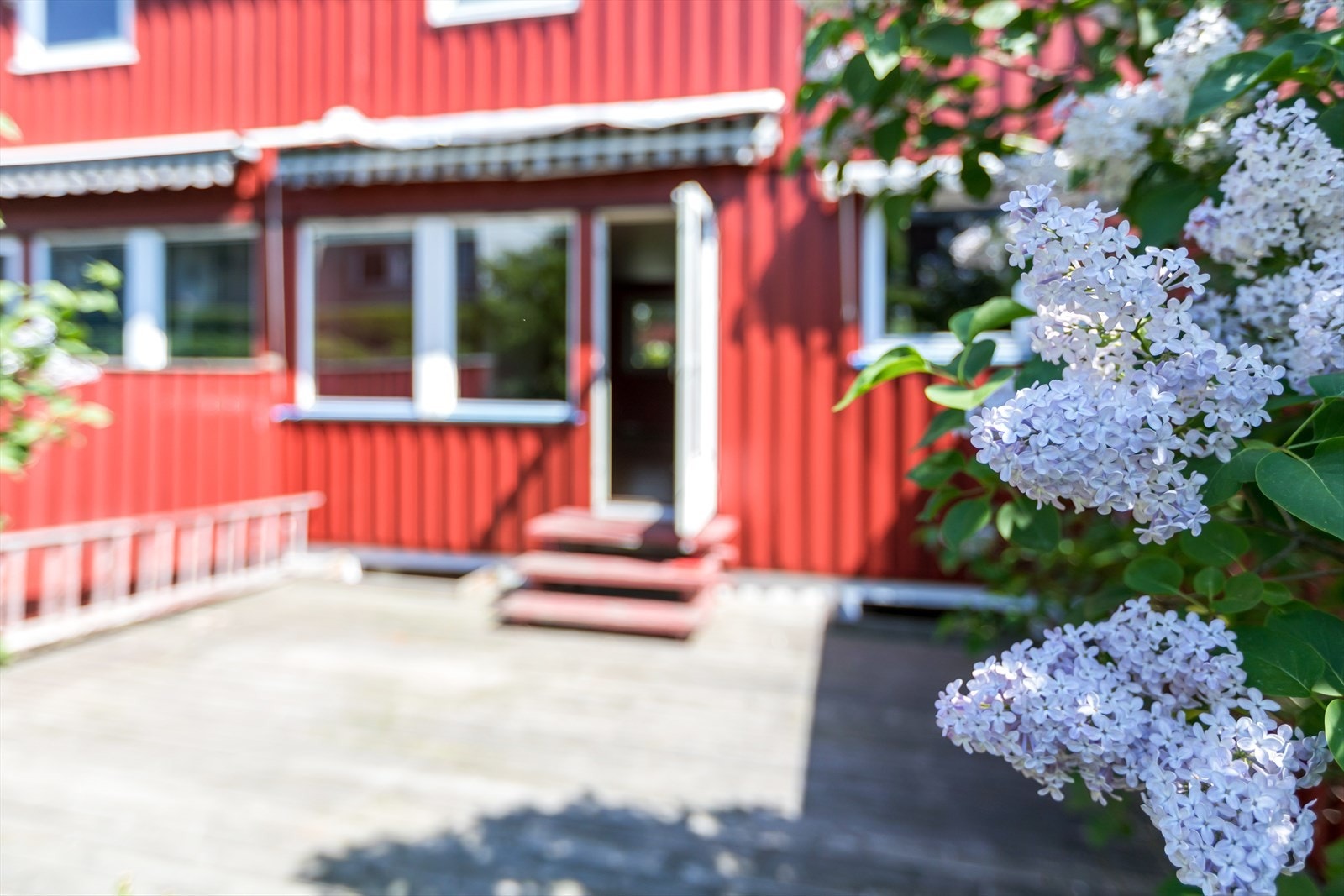 I hagen er det gressplen, hekk og noen prydplanter. Her er også en bod for oppbevaring av hageutstyr og lignende. Galleribilde