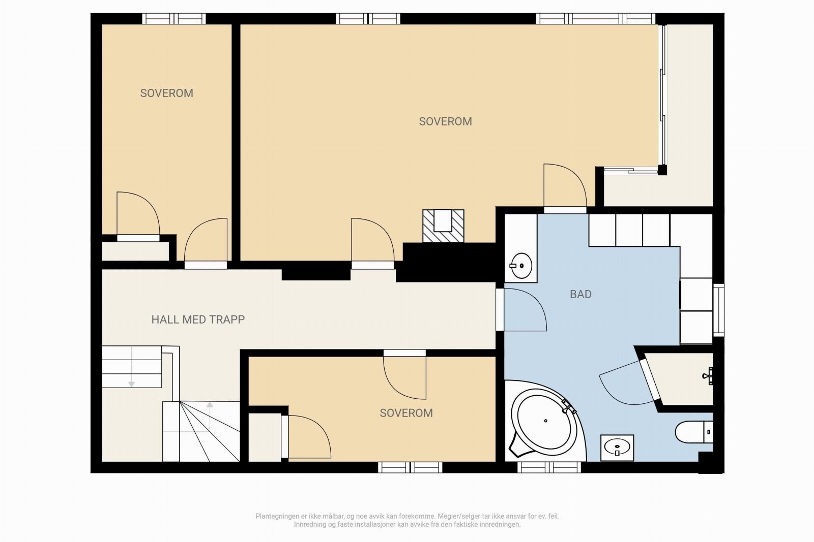 1. etg. - Dagens eier har kun hatt behov for 3 soverom i 2. etg., men opprinnelige tegninger viser 4 stk soverom på dette plan (se vedlagt prospektet) Galleribilde