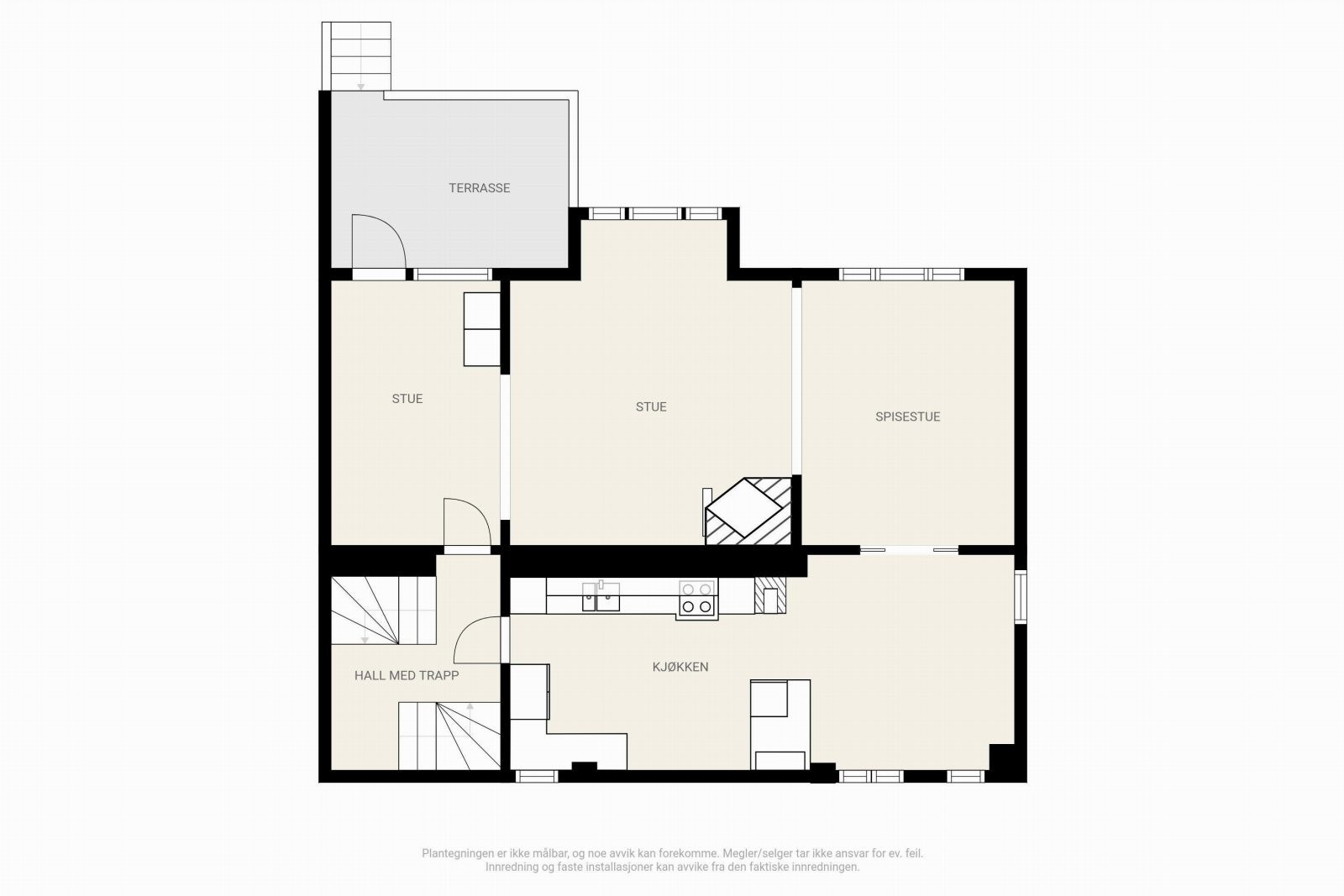 1. etg. - Terrassen benyttes som hovedinngang fra gaten og hagen inn til stue/hall (opprinnelige tegninger viser stuen som hall) Galleribilde