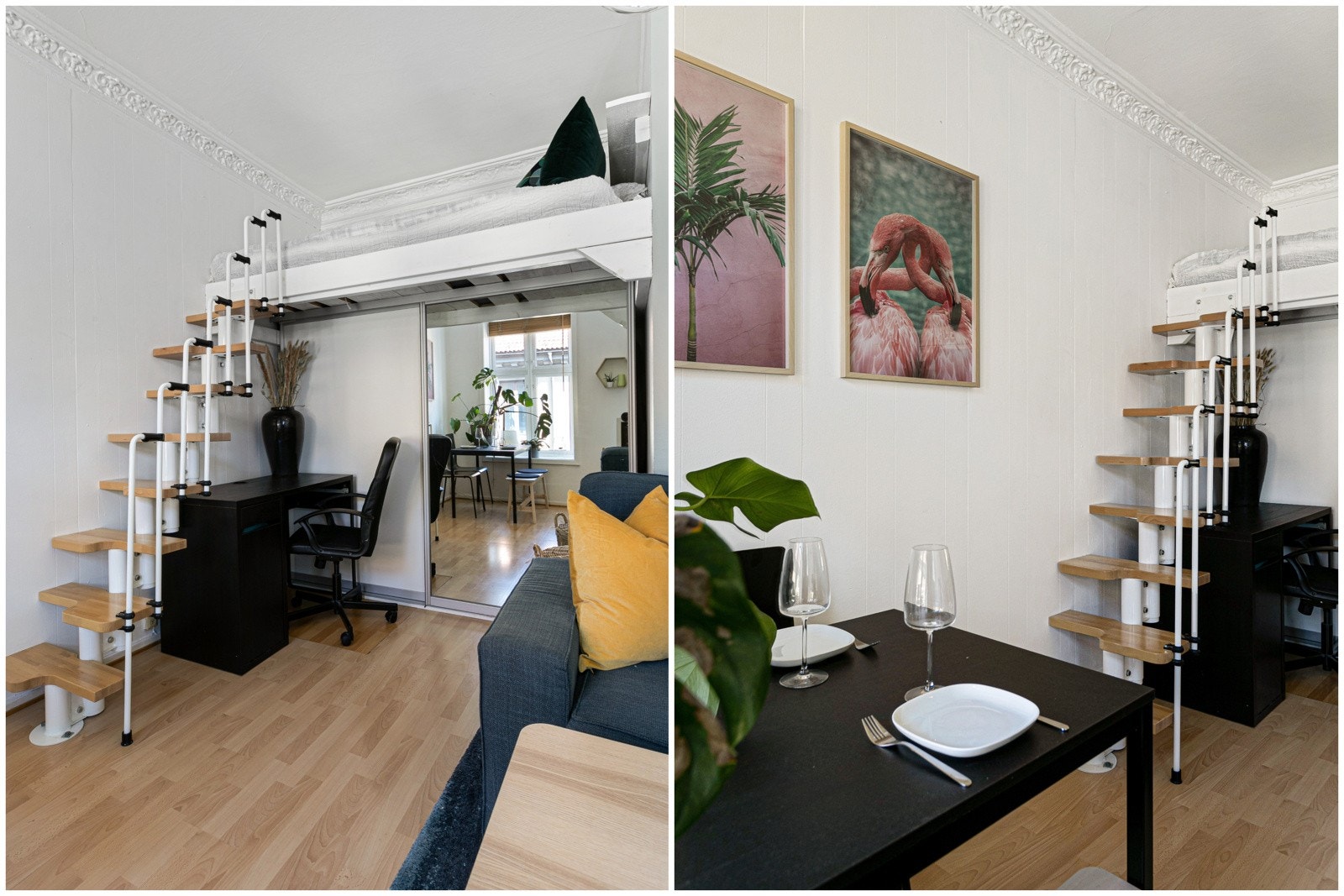 Fra stuen er det etablert en moderne “italiensk trapp” som tar deg opp til sovehemsen. Trappen er ikke bare praktisk, men også et møbel som komplementerer rommet. Under hemsen er det etablert en romslig skyvedørsgarderobe som rommer plass for klær og sko. Galleribilde